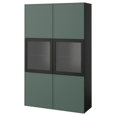 BESTÅ Comb almacenamiento+puertas vidrio, negro-marrón/Krukmakare gris verdoso oscuro, 47 1/4x16 1/2x76 "