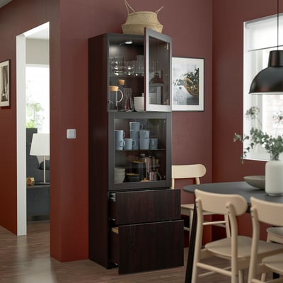 BESTÅ Comb almacenamiento+puertas vidrio, negro-marrón/Lappviken vidrio transparente negro-marrón, 23 5/8x16 1/2x76 "