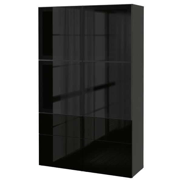 BESTÅ Comb almacenamiento+puertas vidrio, negro-marrón/Selsviken alto brillo/vidrio ahumado negro, 47 1/4x15 3/4x75 5/8 "