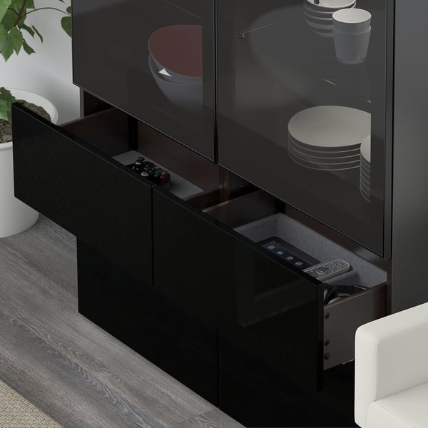BESTÅ Comb almacenamiento+puertas vidrio, negro-marrón/Selsviken alto brillo/vidrio ahumado negro, 47 1/4x15 3/4x75 5/8 "