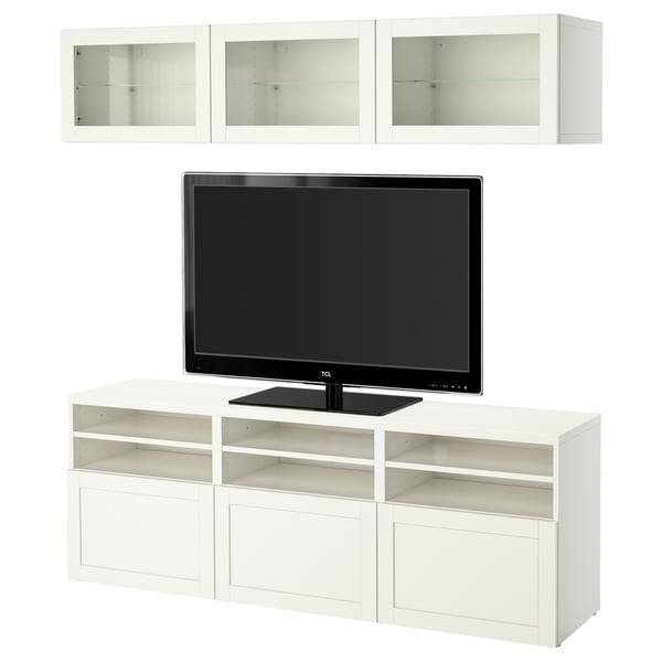 BESTÅ Comb almacenamiento TV/prta vidrio, blanco/Hanviken vidrio transparente blanco, 70 7/8x16 1/2x75 5/8 "