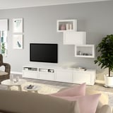 BESTÅ Comb almacenamiento TV/prta vidrio, blanco/Hanviken vidrio transparente blanco, 94 1/2x16 1/2x74 3/4 "
