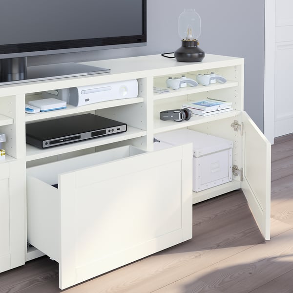BESTÅ Comb almacenamiento TV/prta vidrio, blanco/Hanviken vidrio transparente blanco, 70 7/8x16 1/2x75 5/8 "