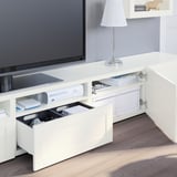 BESTÅ Comb almacenamiento TV/prta vidrio, blanco/Hanviken vidrio transparente blanco, 94 1/2x16 1/2x74 3/4 "