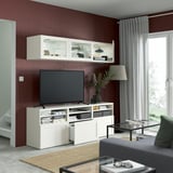 BESTÅ Comb almacenamiento TV/prta vidrio, blanco/Hanviken vidrio transparente blanco, 70 7/8x16 1/2x75 5/8 "