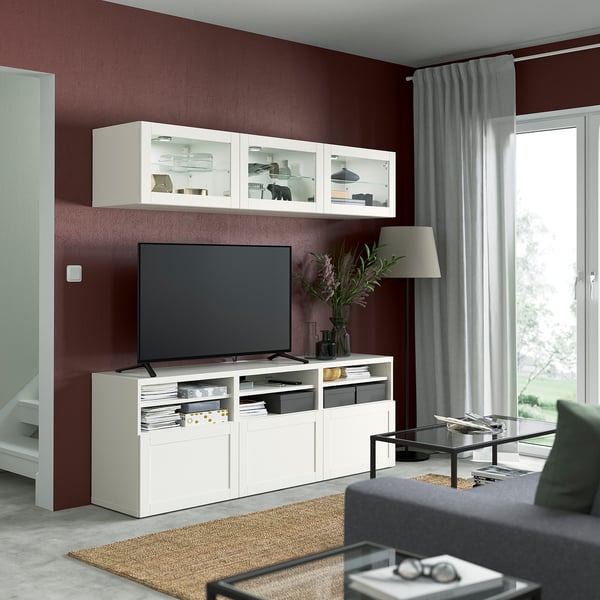 BESTÅ Comb almacenamiento TV/prta vidrio, blanco/Hanviken vidrio transparente blanco, 70 7/8x16 1/2x75 5/8 "