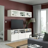 BESTÅ Comb almacenamiento TV/prta vidrio, blanco/Hanviken vidrio transparente blanco, 70 7/8x16 1/2x75 5/8 "