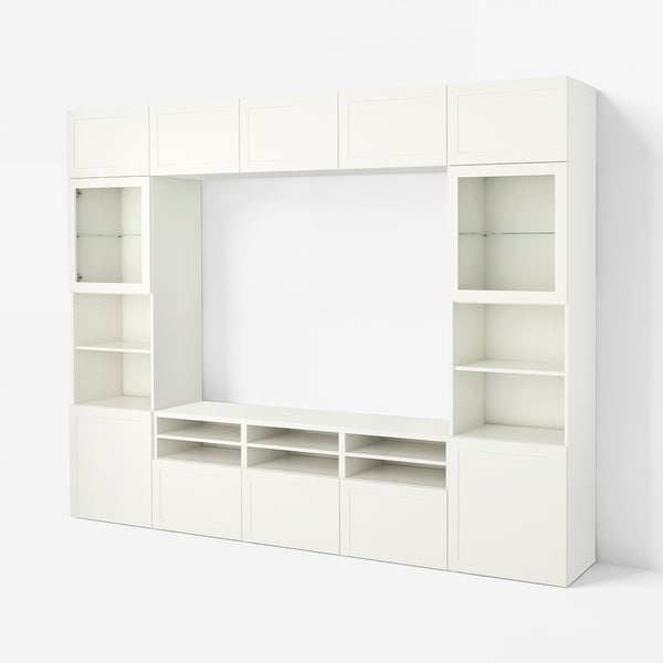 BESTÅ Comb almacenamiento TV/prta vidrio, blanco/Hanviken vidrio transparente blanco, 118 1/8x16 1/2x91 "