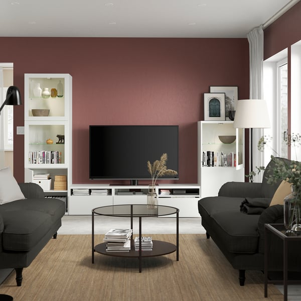BESTÅ Comb almacenamiento TV/prta vidrio, blanco/Lappviken vidrio transparente blanco, 118 1/8x16 1/2x76 "