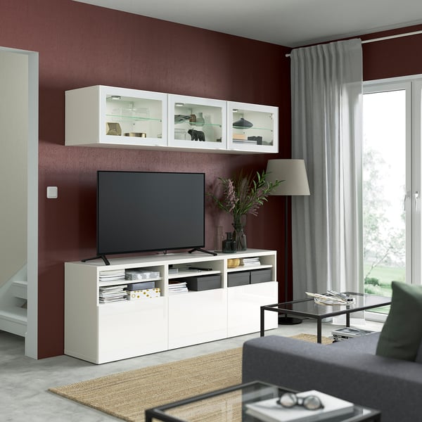 BESTÅ Comb almacenamiento TV/prta vidrio, blanco/Selsviken alto brillo/vidrio transp blanco, 70 7/8x16 1/2x75 5/8 "