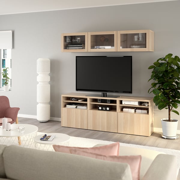 BESTÅ Comb almacenamiento TV/prta vidrio, efecto de roble teñido en blanco/Lappviken vidrio transp efct roble teñido bla, 70 7/8x16 1/2x75 5/8 "
