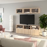 BESTÅ Comb almacenamiento TV/prta vidrio, efecto de roble teñido en blanco/Lappviken vidrio transp efct roble teñido bla, 70 7/8x16 1/2x75 5/8 "