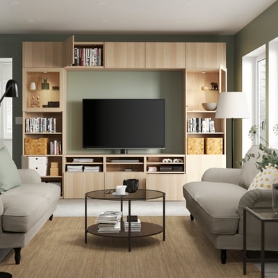 BESTÅ Comb almacenamiento TV/prta vidrio, efecto de roble teñido en blanco/Lappviken vidrio transp efct roble teñido bla, 118 1/8x16 1/2x91 "