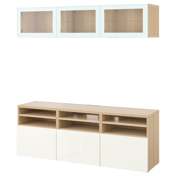 BESTÅ Comb almacenamiento TV/prta vidrio, efecto de roble teñido en blanco/Selsviken alto brillo/vidrio transp blanco, 70 7/8x16 1/2x75 5/8 "