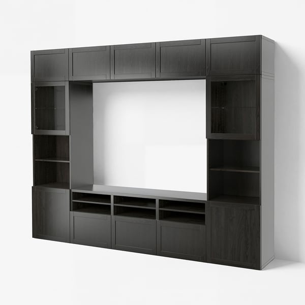 BESTÅ Comb almacenamiento TV/prta vidrio, negro-marrón/Hanviken vidrio transparente negro-marrón, 118 1/8x16 1/2x91 "