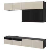 BESTÅ Comb almacenamiento TV/prta vidrio, negro-marrón/Selsviken alto brillo/vidrio ahumado beige, 94 1/2x16 1/2x91 "