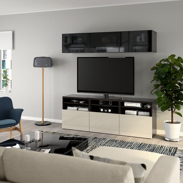 BESTÅ Comb almacenamiento TV/prta vidrio, negro-marrón/Selsviken alto brillo/vidrio ahumado beige, 70 7/8x16 1/2x75 5/8 "