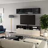 BESTÅ Comb almacenamiento TV/prta vidrio, negro-marrón/Selsviken alto brillo/vidrio ahumado beige, 70 7/8x16 1/2x75 5/8 "