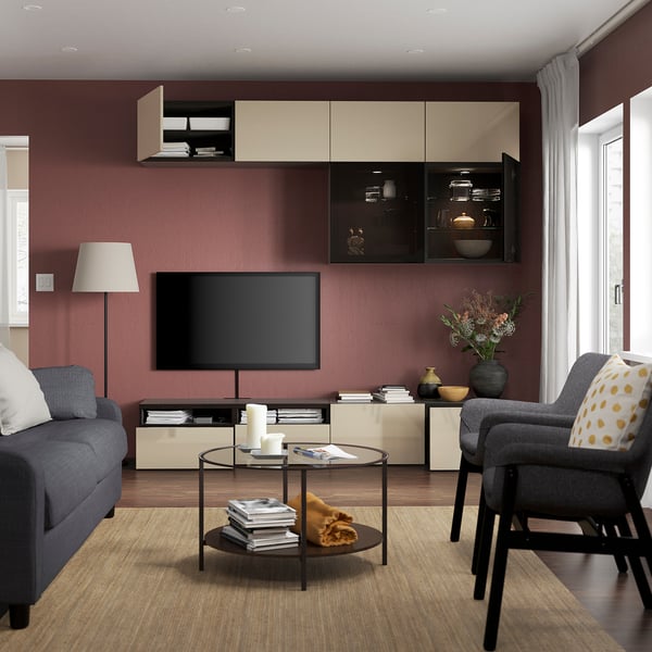 BESTÅ Comb almacenamiento TV/prta vidrio, negro-marrón/Selsviken alto brillo/vidrio ahumado beige, 94 1/2x16 1/2x91 "