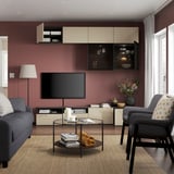BESTÅ Comb almacenamiento TV/prta vidrio, negro-marrón/Selsviken alto brillo/vidrio ahumado beige, 94 1/2x16 1/2x91 "