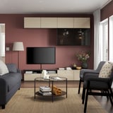 BESTÅ Comb almacenamiento TV/prta vidrio, negro-marrón/Selsviken alto brillo/vidrio ahumado beige, 94 1/2x16 1/2x91 "