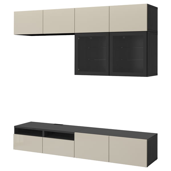 BESTÅ Comb almacenamiento TV/prta vidrio, negro-marrón/Selsviken alto brillo/vidrio transp beige, 94 1/2x16 1/2x91 "