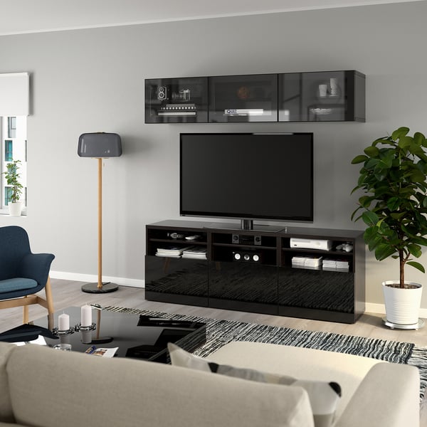 BESTÅ Comb almacenamiento TV/prta vidrio, negro-marrón/Selsviken alto brillo/vidrio transp negro, 70 7/8x16 1/2x75 5/8 "