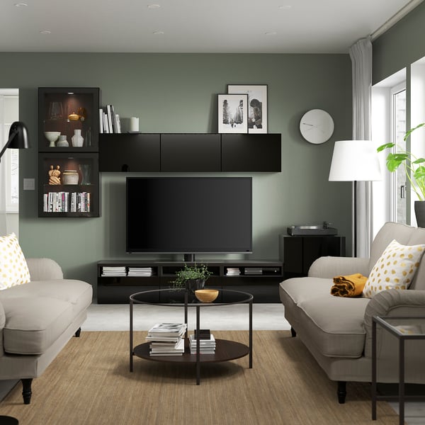 BESTÅ Comb almacenamiento TV/prta vidrio, negro-marrón/Selsviken alto brillo/vidrio transp negro, 118 1/8x16 1/2x83 1/8 "