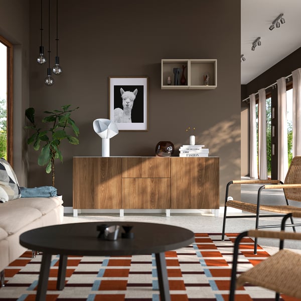 BESTÅ Combinación almacenamiento+cajones, blanco marrón/Lappviken/Stubbarp efecto de nogal, 70 7/8x16 1/2x29 1/8 "