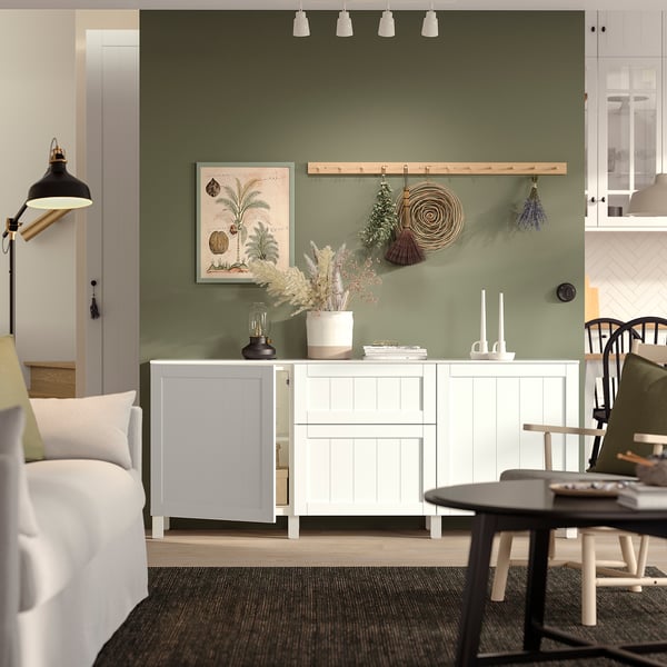 BESTÅ Combinación almacenamiento+cajones, blanco/Pipmakare blanco, 70 7/8x16 1/2x29 5/8 "