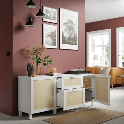 BESTÅ Combinación almacenamiento+cajones, blanco Studsviken/Stubbarp/blanco álamo, 70 7/8x16 1/2x29 1/8 "