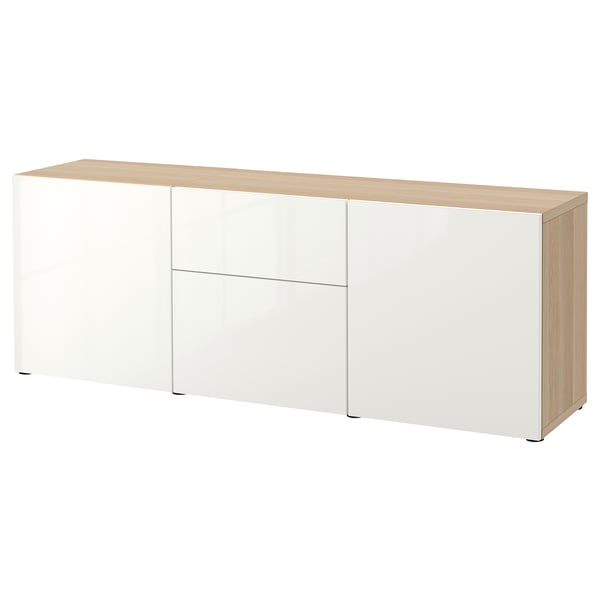 BESTÅ Combinación almacenamiento+cajones, efecto de roble teñido en blanco/Selsviken alto brillo/blanco, 70 7/8x16 1/2x25 5/8 "