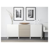 BESTÅ Combinación almacenamiento+cajones, Laxviken blanco/Selsviken alto brillo/beige, 70 7/8x16 1/2x29 1/8 "