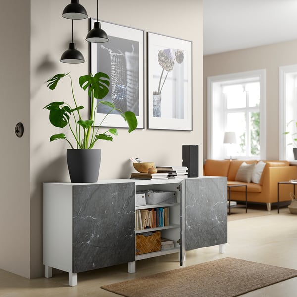 BESTÅ Combinación almacenamiento+puertas, blanco Bergsviken/Stubbarp/negro efecto de mármol, 70 7/8x16 1/2x29 1/8 "