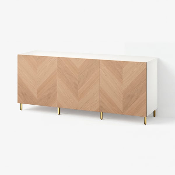 BESTÅ Combinación almacenamiento+puertas, blanco/Hedeviken/Ösarp chapa de roble, 70 7/8x16 1/2x29 1/8 "