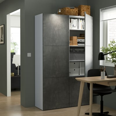 BESTÅ Combinación almacenamiento+puertas, blanco/Kallviken efecto cemento oscuro, 47 1/4x16 1/2x76 "
