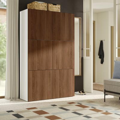 BESTÅ Combinación almacenamiento+puertas, blanco/Lappviken efecto de nogal, 47 1/4x16 1/2x76 "