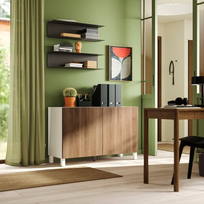 BESTÅ Combinación almacenamiento+puertas, blanco/Lappviken/Stubbarp efecto nogal marrón, 47 1/4x16 1/2x29 1/8 "