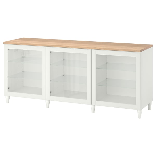 BESTÅ Combinación almacenamiento+puertas, blanco/Ostvik/Kabbarp vidrio transparente blanco, 70 7/8x16 1/2x29 7/8 "