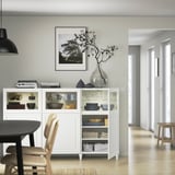 BESTÅ Combinación almacenamiento+puertas, blanco/Smeviken/Kabbarp vidrio transparente blanco, 70 7/8x16 1/2x44 1/8 "