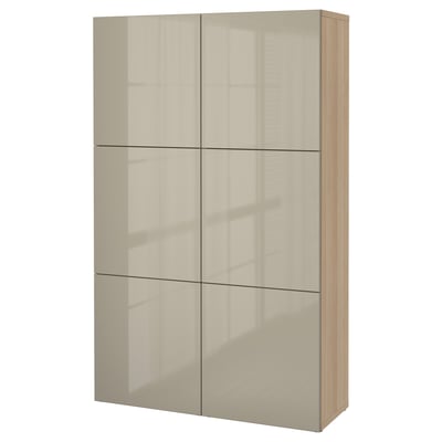 BESTÅ Combinación almacenamiento+puertas, efecto de roble teñido en blanco/Selsviken alto brillo/beige, 47 1/4x16 1/2x76 "