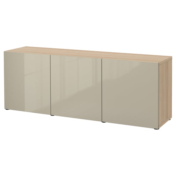 BESTÅ Combinación almacenamiento+puertas, efecto de roble teñido en blanco/Selsviken alto brillo/beige, 70 7/8x16 1/2x25 5/8 "