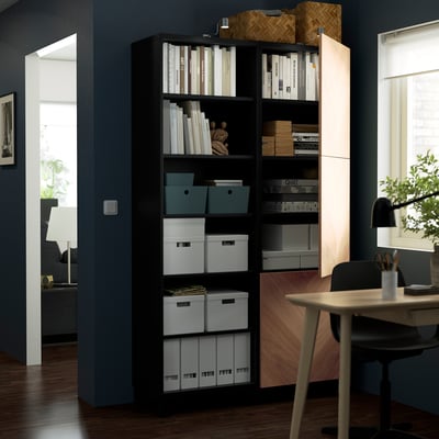BESTÅ Combinación almacenamiento+puertas, negro-marrón/Hedeviken chapa de roble, 47 1/4x16 1/2x79 1/2 "