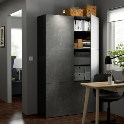 BESTÅ Combinación almacenamiento+puertas, negro-marrón Kallviken/gris oscuro efecto de concreto, 47 1/4x16 1/2x76 "
