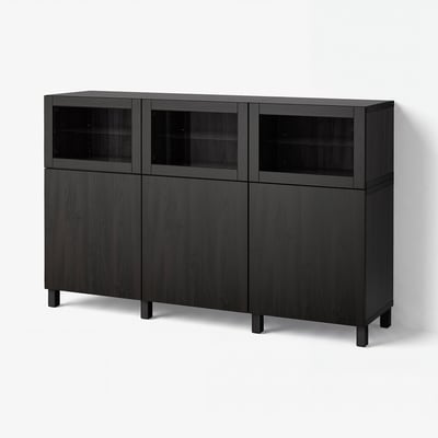 BESTÅ Combinación almacenamiento+puertas, negro-marrón Lappviken/Sindvik vidrio transparente negro-marrón, 70 7/8x16 1/2x44 1/8 "
