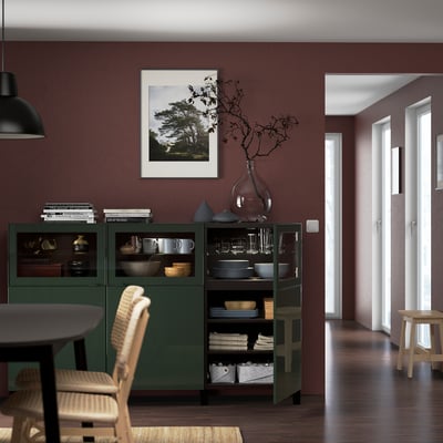 BESTÅ Combinación almacenamiento+puertas, negro-marrón Selsviken/alto brillo verde oliva oscuro, 70 7/8x16 1/2x44 1/8 "