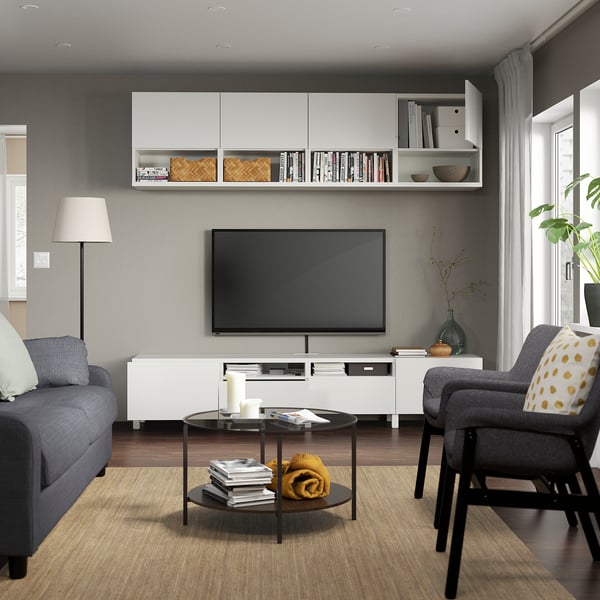 BESTÅ Combinación de almacenaje para TV, blanco/Lappviken/Stubbarp blanco, 94 1/2x16 1/2x90 1/2 "