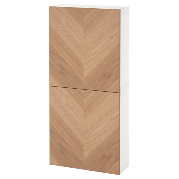 BESTÅ Gabinete de pared+2 puertas, blanco/Hedeviken chapa de roble, 23 5/8x8 5/8x50 3/8 "