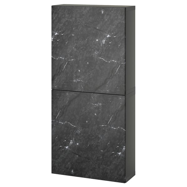 BESTÅ Gabinete de pared+2 puertas, gris oscuro Bergsviken/negro efecto de mármol, 23 5/8x8 5/8x50 3/8 "
