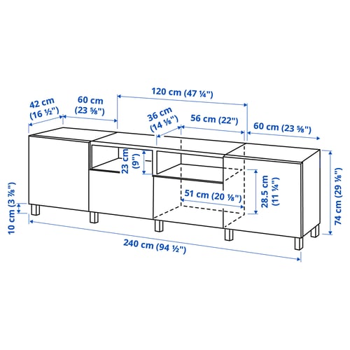 BESTÅ Mueble para TV+puertas+cajones, blanco/Hedeviken/Stubbarp chapa de roble, 94 1/2x16 1/2x29 1/8 "